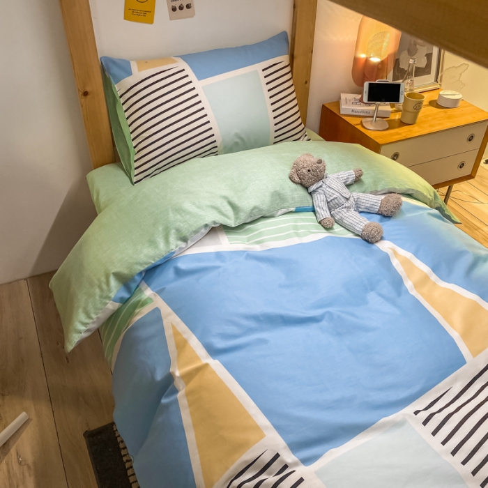 91家纺网 家纺一手货源 找家纺 金爱家2021新款纯棉时尚简约北欧学生床三件套 凯诺-绿