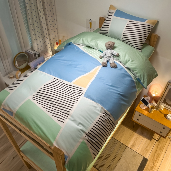 91家纺网 家纺一手货源 找家纺 金爱家2021新款纯棉时尚简约北欧学生床三件套 凯诺-绿