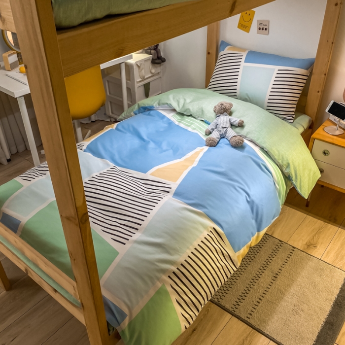 91家纺网 家纺一手货源 找家纺 金爱家2021新款纯棉时尚简约北欧学生床三件套 凯诺-绿