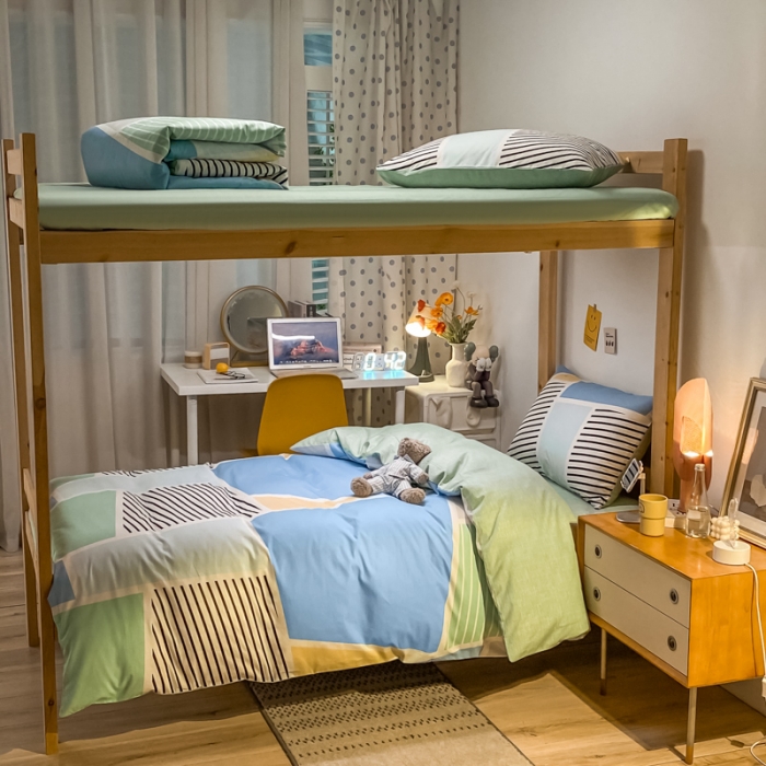 91家纺网 家纺一手货源 找家纺 金爱家2021新款纯棉时尚简约北欧学生床三件套 凯诺-绿