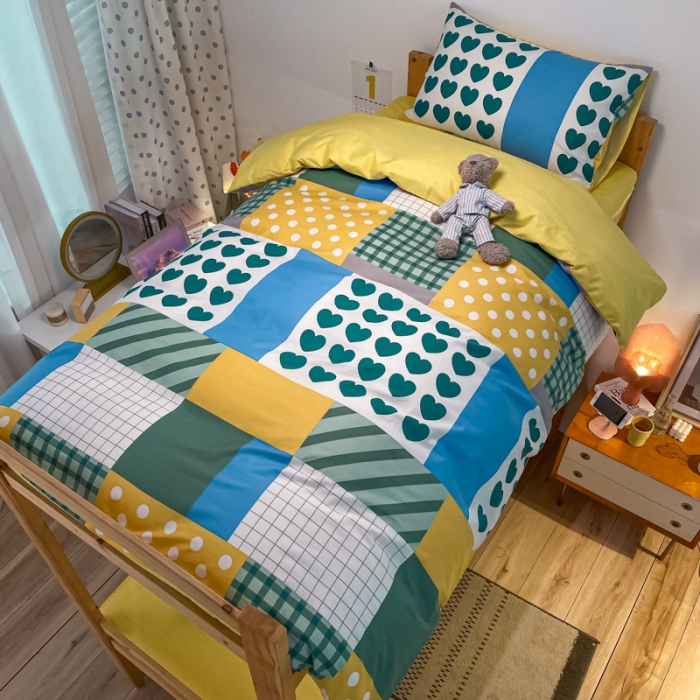 91家纺网 家纺一手货源 找家纺 金爱家2021新款纯棉时尚简约北欧学生床三件套 语歌-绿