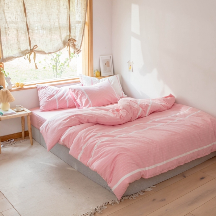 91家纺网 家纺一手货源 找家纺 安莱生活 2021新款全棉水洗棉四件套 简约粉