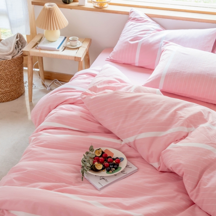 91家纺网 家纺一手货源 找家纺 安莱生活 2021新款全棉水洗棉四件套 简约粉