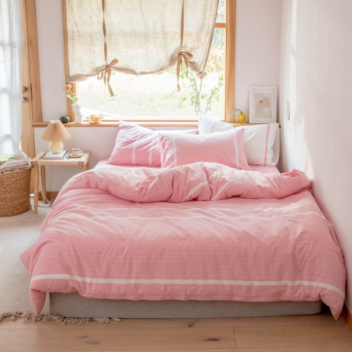 91家纺网 家纺一手货源 找家纺 安莱生活 2021新款全棉水洗棉四件套 简约粉