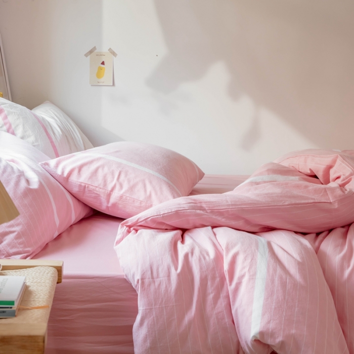 91家纺网 家纺一手货源 找家纺 安莱生活 2021新款全棉水洗棉四件套 简约粉