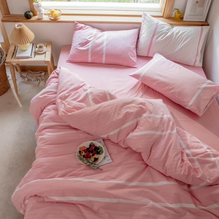 91家纺网 家纺一手货源 找家纺 安莱生活 2021新款全棉水洗棉四件套 简约粉