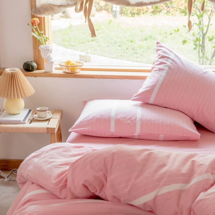 91家纺网 家纺一手货源 找家纺 安莱生活 2021新款全棉水洗棉四件套 简约粉