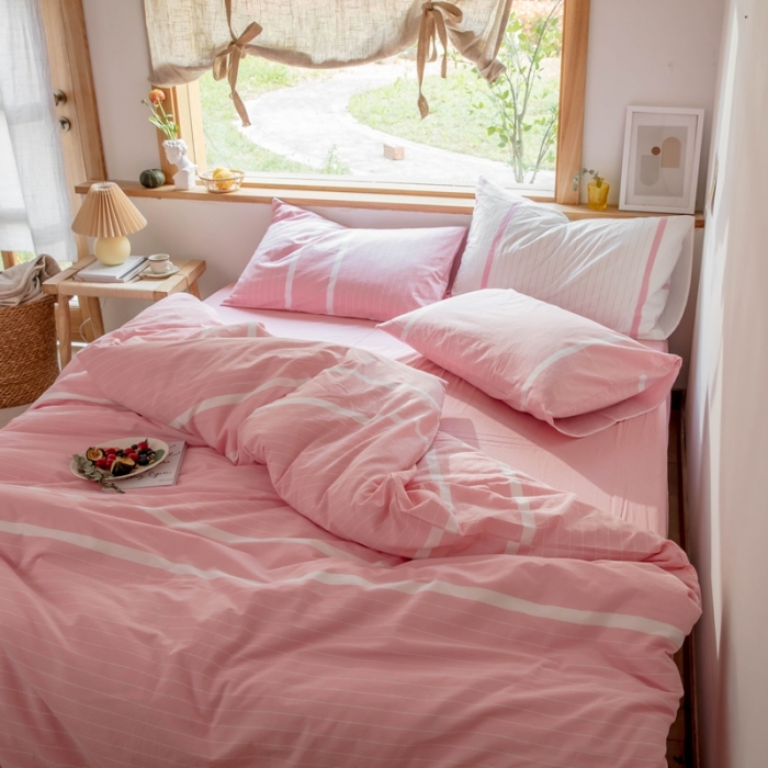 91家纺网 家纺一手货源 找家纺 安莱生活 2021新款全棉水洗棉四件套 简约粉