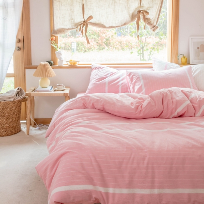 91家纺网 家纺一手货源 找家纺 安莱生活 2021新款全棉水洗棉四件套 简约粉