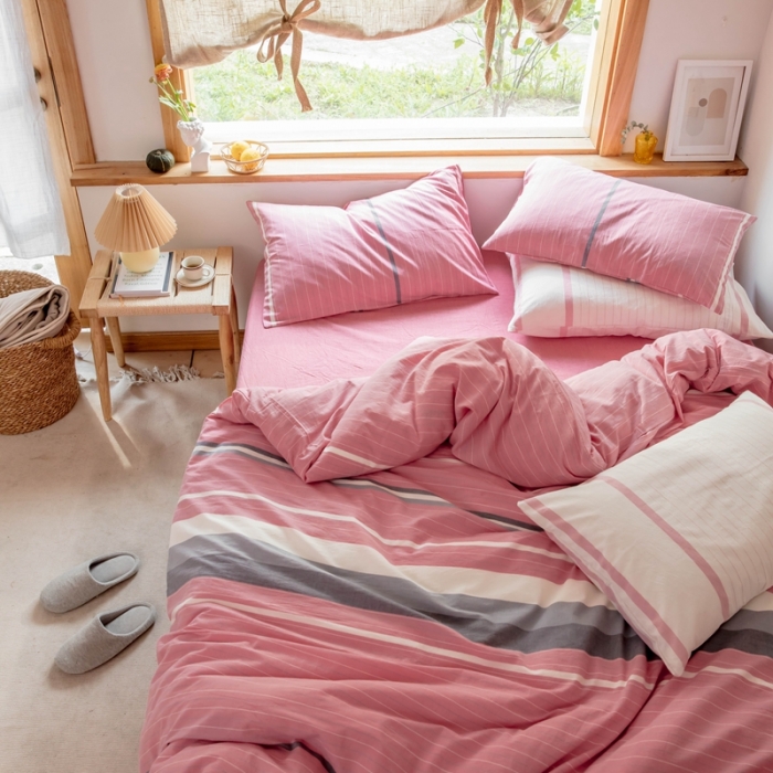 91家纺网 家纺一手货源 找家纺 安莱生活 2021新款全棉水洗棉四件套 简约红