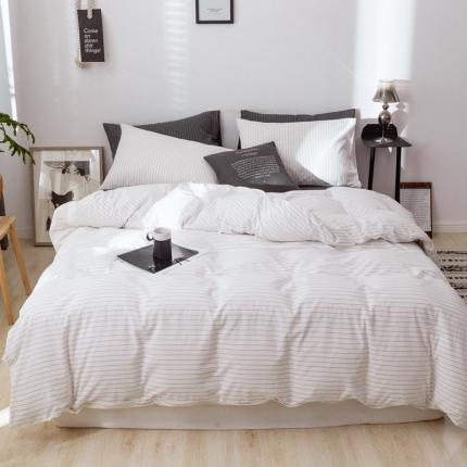 91家纺网 家纺一手货源 找家纺 安莱生活 2021新款全棉水洗棉条纹格子四件套 白灰细条