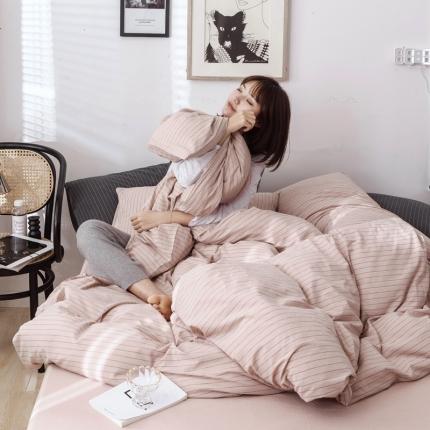 91家纺网 家纺一手货源 找家纺 安莱生活 2021新款全棉水洗棉条纹格子四件套 藕粉细条