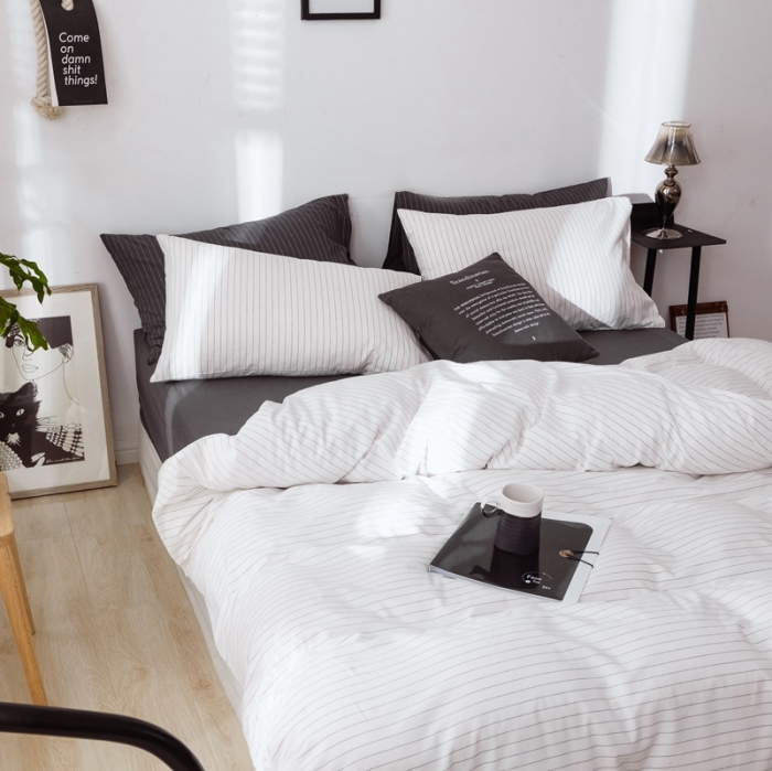 91家纺网 家纺一手货源 找家纺 （总）安莱生活 2021新款全棉水洗棉条纹格子四件套