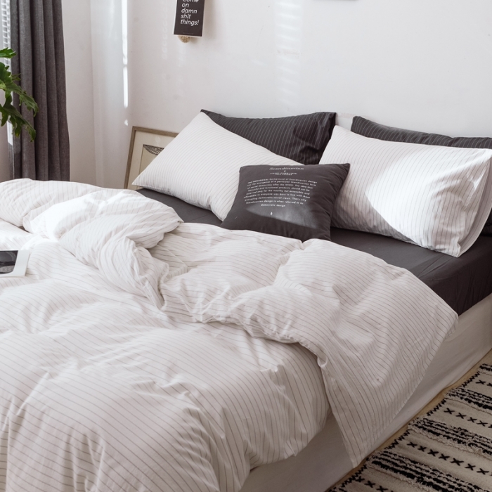 91家纺网 家纺一手货源 找家纺 安莱生活 2021新款全棉水洗棉条纹格子四件套 白灰细条