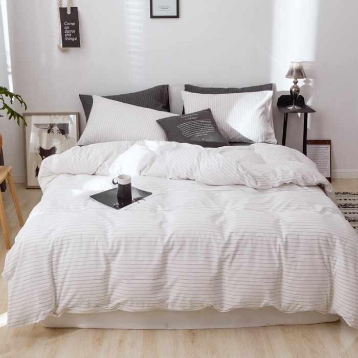 91家纺网 家纺一手货源 找家纺 安莱生活 2021新款全棉水洗棉条纹格子四件套 白灰细条