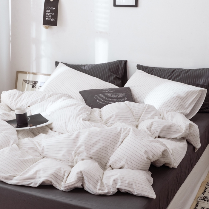 91家纺网 家纺一手货源 找家纺 安莱生活 2021新款全棉水洗棉条纹格子四件套 白灰细条