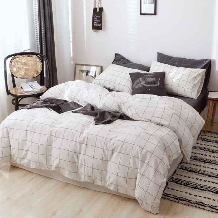 91家纺网 家纺一手货源 找家纺 安莱生活 2021新款全棉水洗棉条纹格子四件套 白灰中格