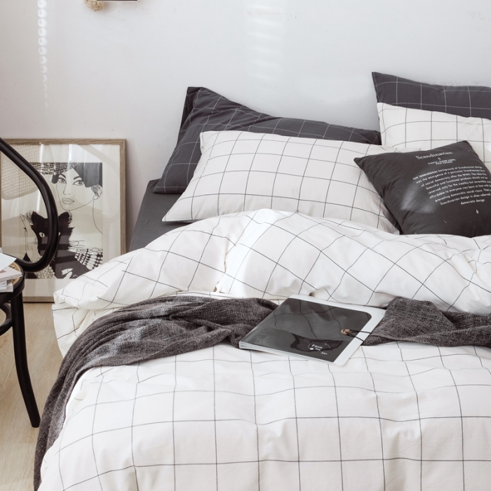 91家纺网 家纺一手货源 找家纺 安莱生活 2021新款全棉水洗棉条纹格子四件套 白灰中格