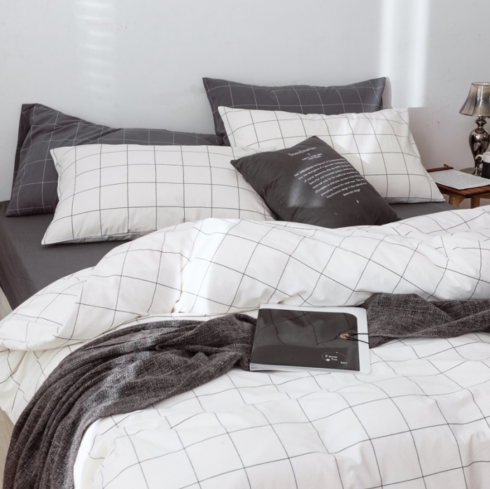 91家纺网 家纺一手货源 找家纺 安莱生活 2021新款全棉水洗棉条纹格子四件套 白灰中格