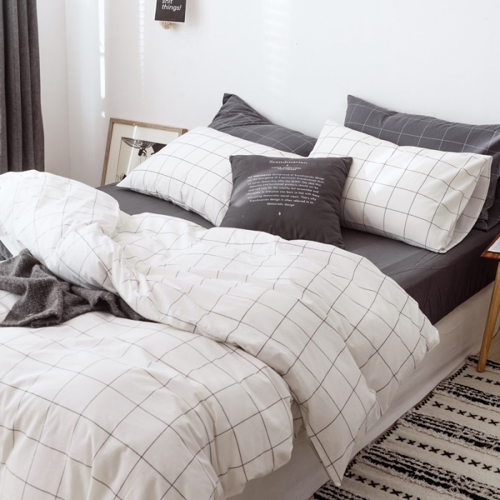 91家纺网 家纺一手货源 找家纺 安莱生活 2021新款全棉水洗棉条纹格子四件套 白灰中格