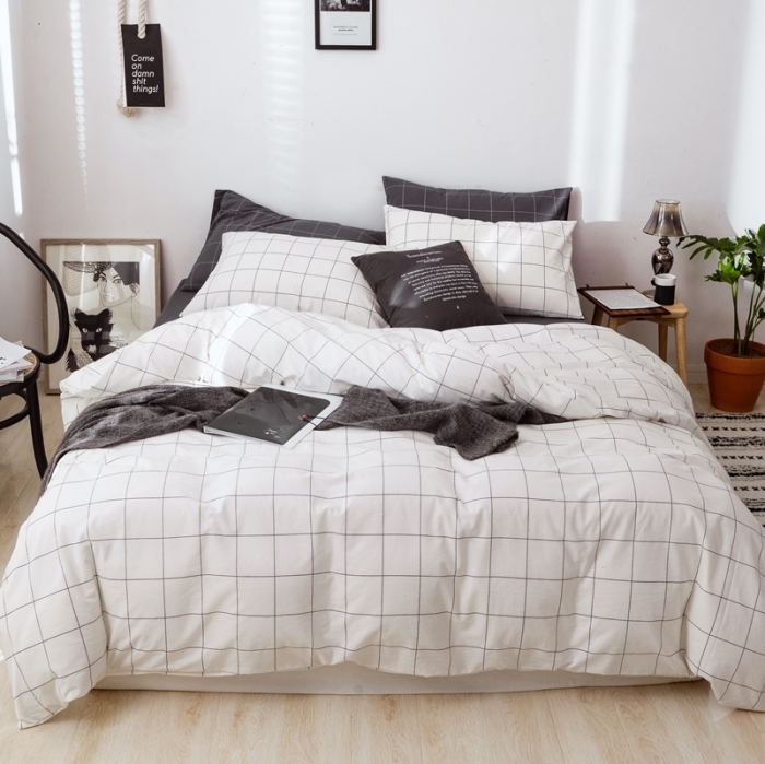 91家纺网 家纺一手货源 找家纺 安莱生活 2021新款全棉水洗棉条纹格子四件套 白灰中格