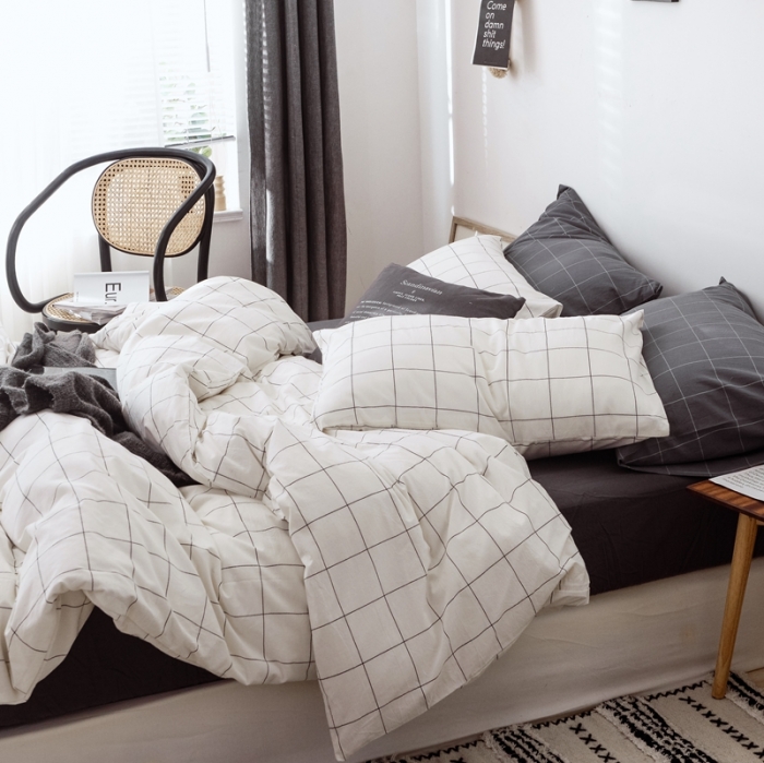 91家纺网 家纺一手货源 找家纺 安莱生活 2021新款全棉水洗棉条纹格子四件套 白灰中格