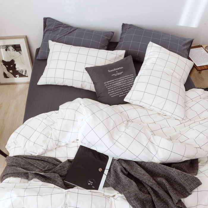 91家纺网 家纺一手货源 找家纺 安莱生活 2021新款全棉水洗棉条纹格子四件套 白灰中格