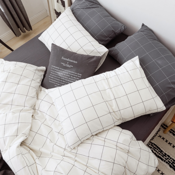 91家纺网 家纺一手货源 找家纺 安莱生活 2021新款全棉水洗棉条纹格子四件套 白灰中格