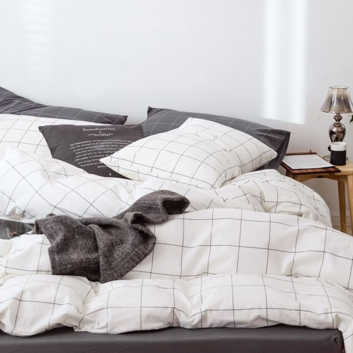 91家纺网 家纺一手货源 找家纺 安莱生活 2021新款全棉水洗棉条纹格子四件套 白灰中格