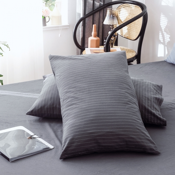 91家纺网 家纺一手货源 找家纺 安莱生活 2021新款全棉水洗棉条纹格子四件套 灰白细条