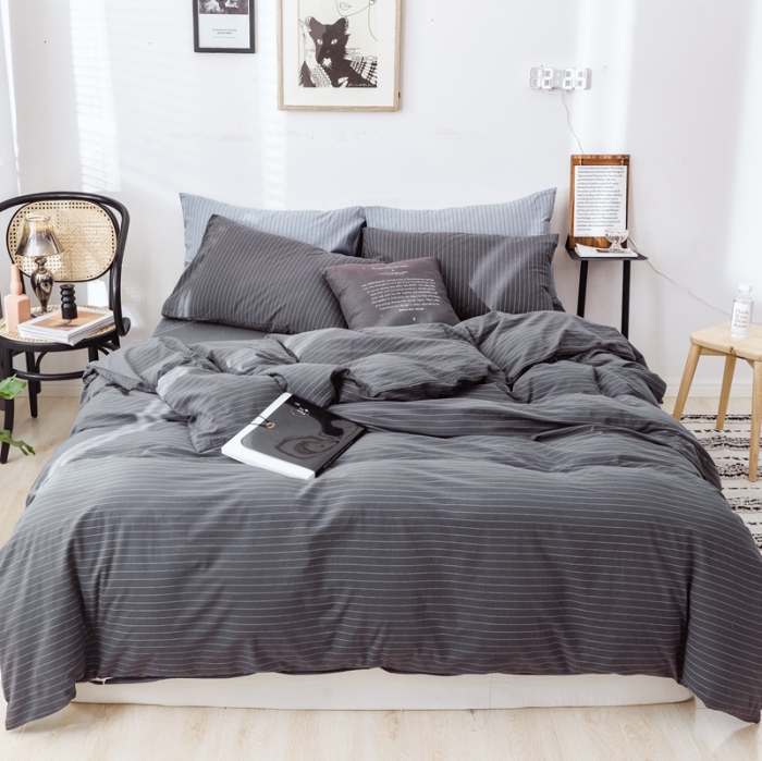 91家纺网 家纺一手货源 找家纺 安莱生活 2021新款全棉水洗棉条纹格子四件套 灰白细条