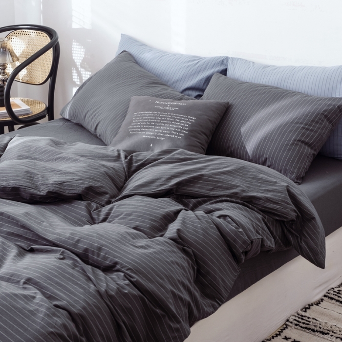 91家纺网 家纺一手货源 找家纺 安莱生活 2021新款全棉水洗棉条纹格子四件套 灰白细条