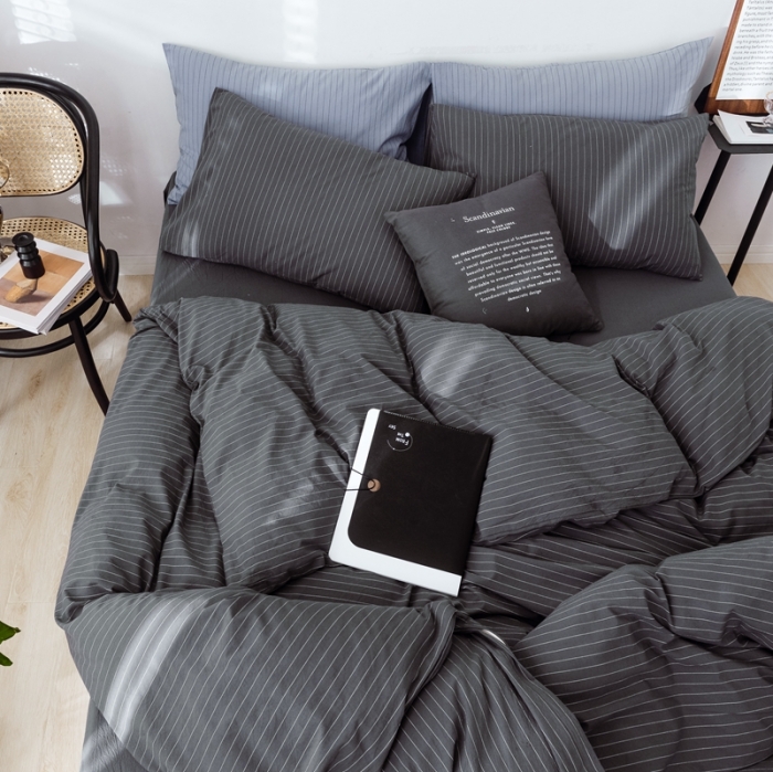 91家纺网 家纺一手货源 找家纺 安莱生活 2021新款全棉水洗棉条纹格子四件套 灰白细条