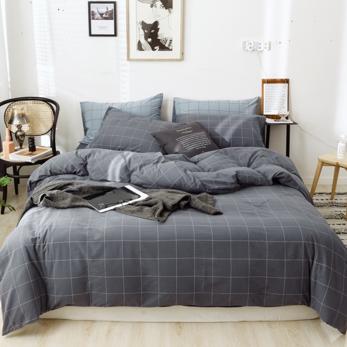 91家纺网 家纺一手货源 找家纺 安莱生活 2021新款全棉水洗棉条纹格子四件套 灰白中格