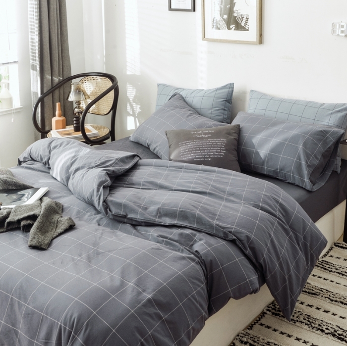 91家纺网 家纺一手货源 找家纺 安莱生活 2021新款全棉水洗棉条纹格子四件套 灰白中格