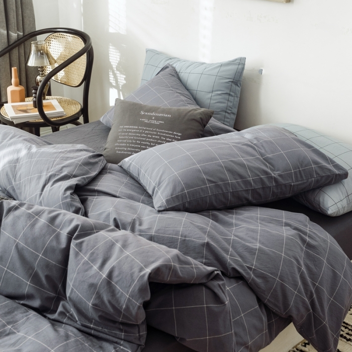 91家纺网 家纺一手货源 找家纺 安莱生活 2021新款全棉水洗棉条纹格子四件套 灰白中格