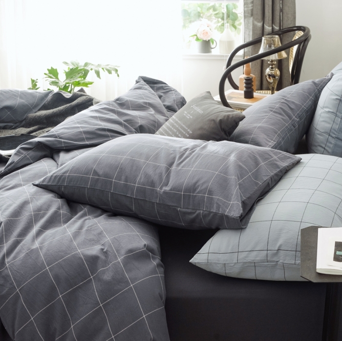 91家纺网 家纺一手货源 找家纺 安莱生活 2021新款全棉水洗棉条纹格子四件套 灰白中格