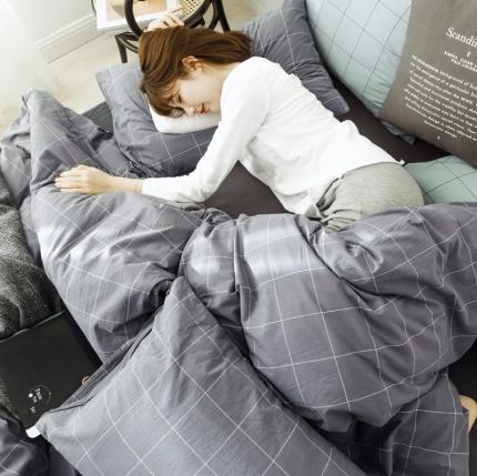 安莱生活 2021新款全棉水洗棉条纹格子四件套 灰白中格