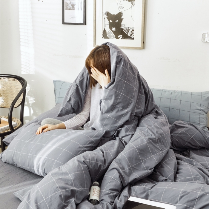 91家纺网 家纺一手货源 找家纺 安莱生活 2021新款全棉水洗棉条纹格子四件套 灰白中格