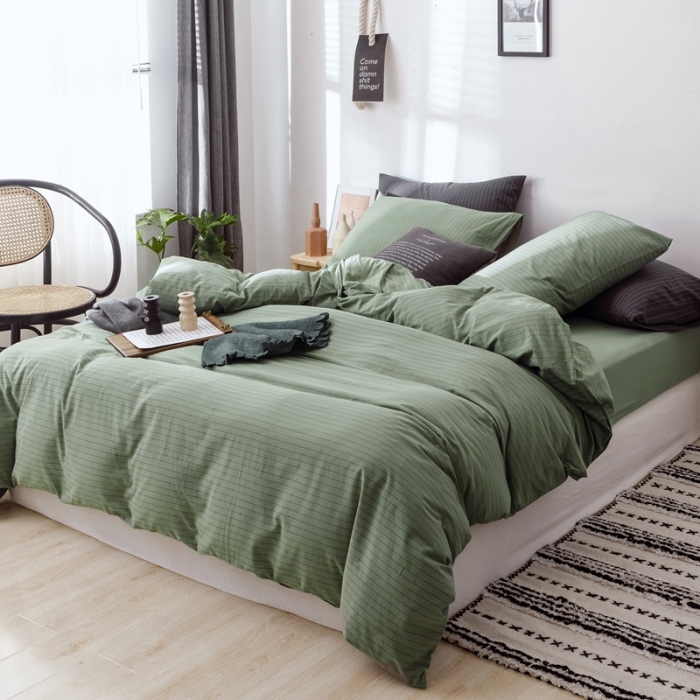 91家纺网 家纺一手货源 找家纺 安莱生活 2021新款全棉水洗棉条纹格子四件套 抹茶细条