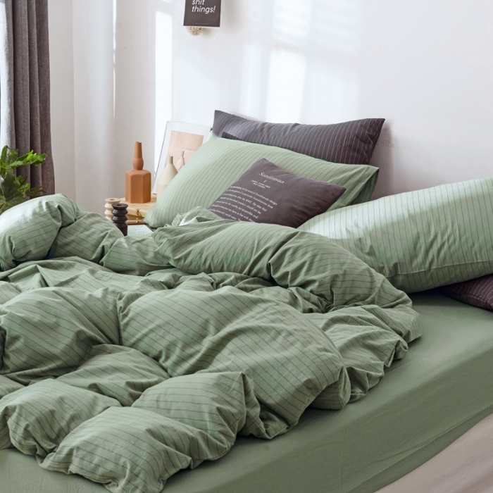 91家纺网 家纺一手货源 找家纺 安莱生活 2021新款全棉水洗棉条纹格子四件套 抹茶细条