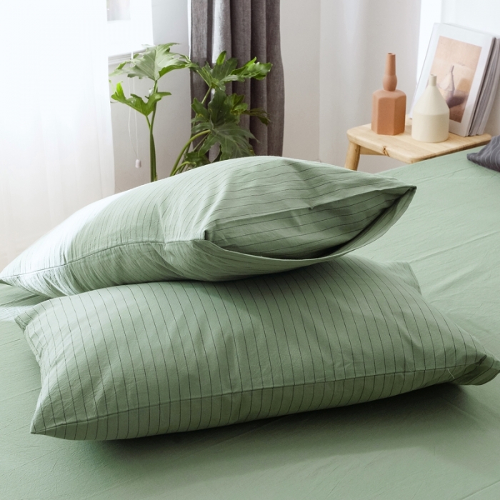 91家纺网 家纺一手货源 找家纺 安莱生活 2021新款全棉水洗棉条纹格子四件套 抹茶细条