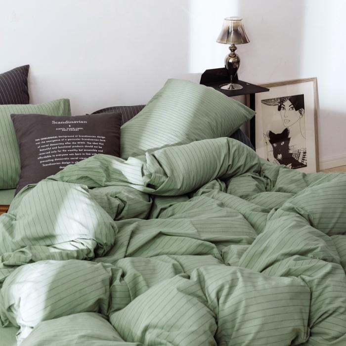 91家纺网 家纺一手货源 找家纺 安莱生活 2021新款全棉水洗棉条纹格子四件套 抹茶细条