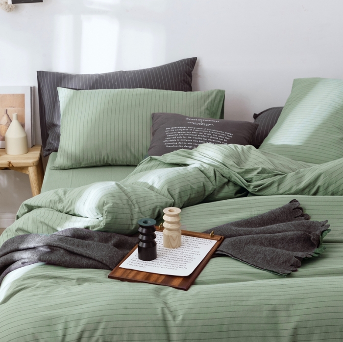 91家纺网 家纺一手货源 找家纺 安莱生活 2021新款全棉水洗棉条纹格子四件套 抹茶细条