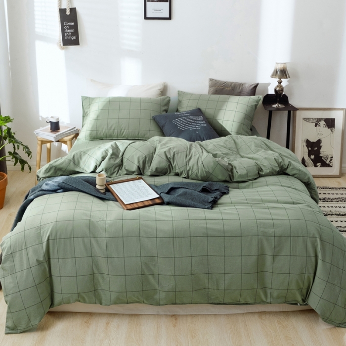 91家纺网 家纺一手货源 找家纺 安莱生活 2021新款全棉水洗棉条纹格子四件套 抹茶中格