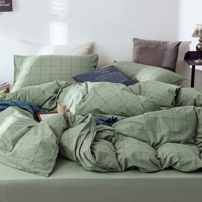 91家纺网 家纺一手货源 找家纺 安莱生活 2021新款全棉水洗棉条纹格子四件套 抹茶中格