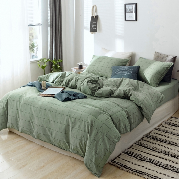 91家纺网 家纺一手货源 找家纺 安莱生活 2021新款全棉水洗棉条纹格子四件套 抹茶中格