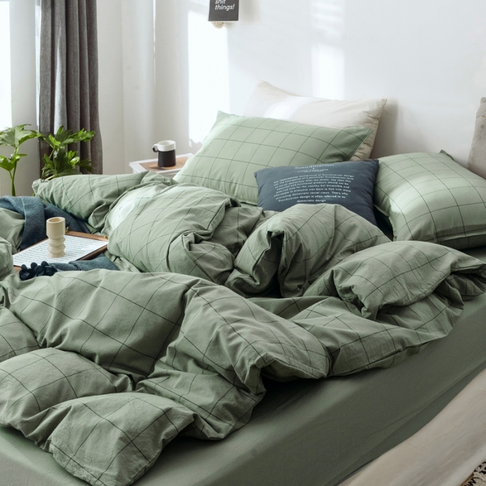 91家纺网 家纺一手货源 找家纺 安莱生活 2021新款全棉水洗棉条纹格子四件套 抹茶中格