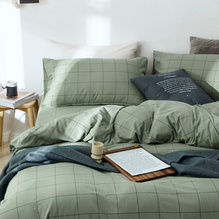 91家纺网 家纺一手货源 找家纺 安莱生活 2021新款全棉水洗棉条纹格子四件套 抹茶中格