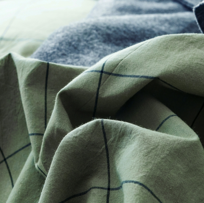 91家纺网 家纺一手货源 找家纺 安莱生活 2021新款全棉水洗棉条纹格子四件套 抹茶中格